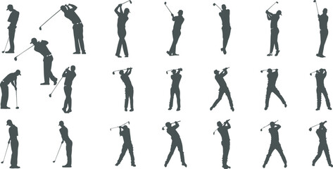 Collection of silhouettes of golf players hitting and posing in different ways. Suitable for golf match design elements. and golf championship events