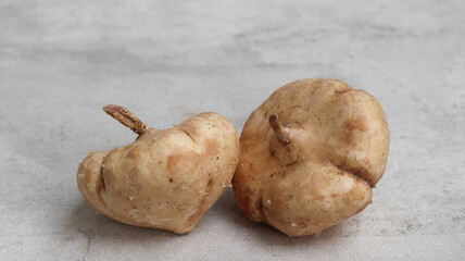 Fresh Jicama or bengkoang, white tubers that can be eaten as salad or for face masks. Isolated on grey background. Prebiotic food, gut health.