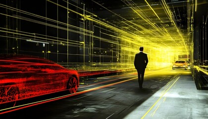 Futuristic Cityscape: Autonomous Vehicle and a Man Walking Through a Digital Tunnel