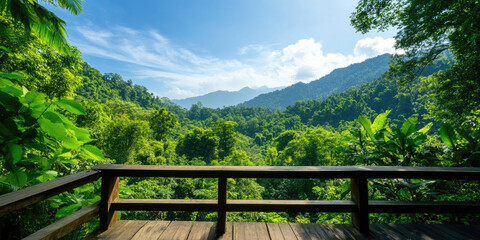 Fototapeta premium Scenic viewpoint of lush jungle landscape mountain range nature photography bright day tranquil environment