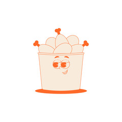 Funky character red box with chicken thighs in trendy retro groovy style. Psychedelic fast food mascot with face. Cool vector sticker in monochrome palette