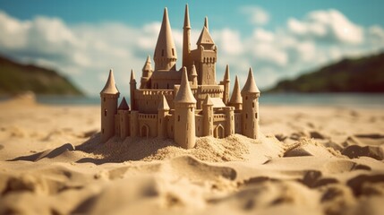 Beautifully Detailed Sand Castle on the Beach with Vibrant Background and Soft Focus, Ideal for Summer Vacation Themes and Creative Projects