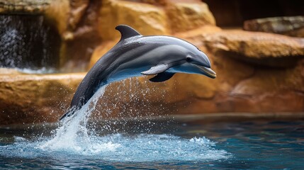 Obraz premium A dolphin leaps from the water, creating a splash. Perfect for marine life, wildlife, or nature documentaries.