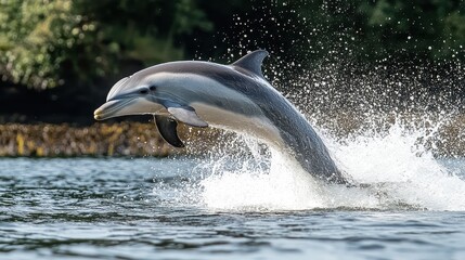 Fototapeta premium A Pacific white-sided dolphin leaps from the ocean, creating a splash. Perfect for websites, documentaries, or promoting ocean conservation.