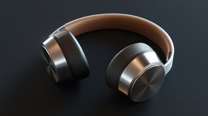 Fototapeta premium These modern design headphones with brushed metal and soft leather accents are illuminated against a dark grey background, emphasizing their premium materials and high-quality finish.