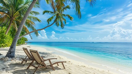 Two lounge chairs sit on a pristine beach, under swaying palm trees. The turquoise ocean and bright blue sky make for a picture perfect day.