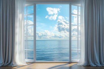 Naklejka premium Open window with ocean view, sheer curtains framing the scene. Perfect for travel, vacation, or serenity themes.