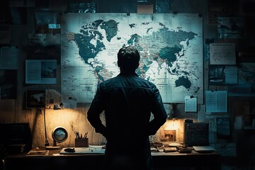 Man Studying a World Map in a Dark Room