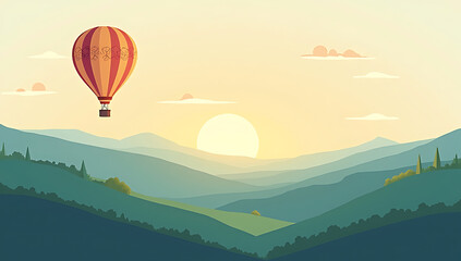 Fototapeta premium A hot air balloon floating above rolling hills, drawn with pastel shades and a flat vector style.