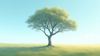 Fototapeta premium A single tree standing in an open field under a vast sky, drawn with clean lines and soft shading.