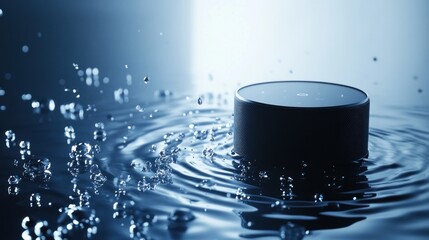 The scene captures a luxury speaker floating on water, surrounded by shimmering droplets. Blue and white tones add depth and highlight the speaker's craftsmanship.