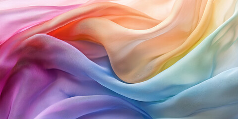 A macro shot of an ethereal, rainbow-colored scarf, its fabric flowing gracefully in the wind against a soft, grey background, generative AI