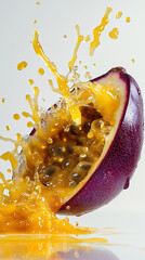 Passion fruit bursting open with golden pulp spilling