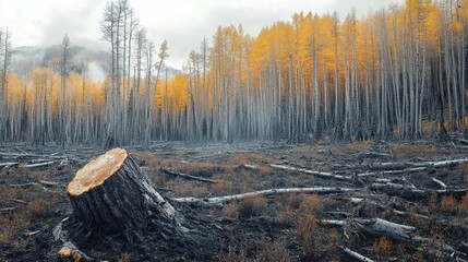 Cut tree stump amidst a forest of yellow aspen trees, showcasing deforestation. Illustrates environmental themes like logging, habitat loss, and climate change impact.