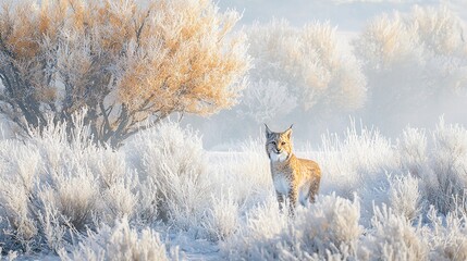 Fototapeta premium Lynx standing in a frosty winter landscape.
