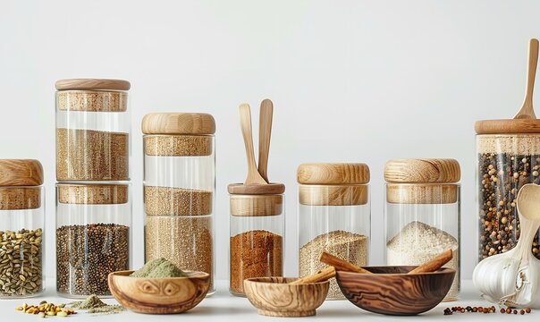 Hardwood bowls and spoons with seasonings in jars, Generative AI.