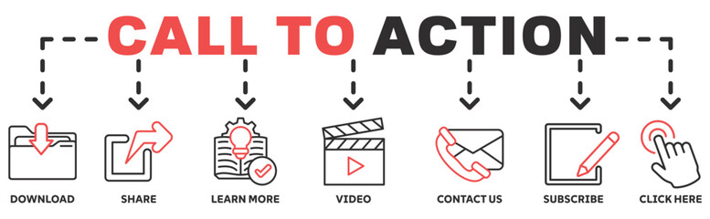 Call to action banner web icon vector illustration concept with icon of download, share, learn more, watch our video, contact us, subscribe, and click here
