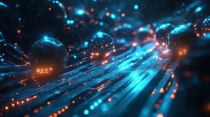 Naklejka premium Glowing spheres on a futuristic circuit board, vibrant blue and orange hues. Illustrates data transfer, connectivity, and digital innovation.