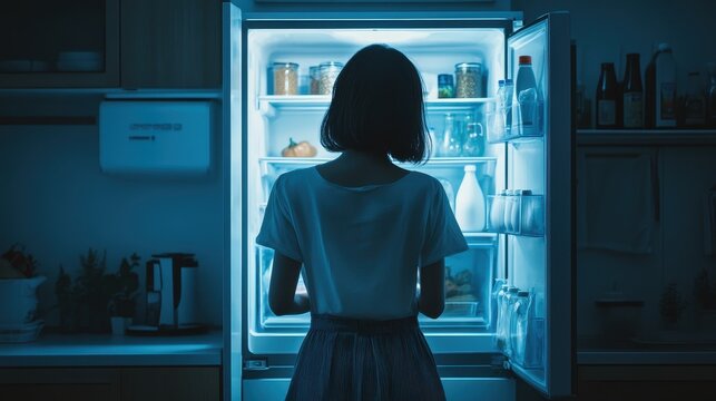 Woman standing before open refrigerator, illuminated interior. Depicts late-night snacking or midnight hunger.