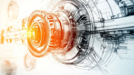 Abstract depiction of a futuristic technological mechanism with intricate lines and glowing elements, representing advanced engineering concepts and digital innovation.