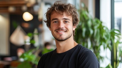 Smiling young man with curly hair in a cafe. Ideal for websites, blogs, or articles about young professionals.