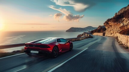 Red sports car driving on a beach road in a sunny day, AI generated image