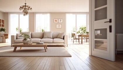 Fototapeta premium Bright and Spacious Living Room in a New Apartment with Modern Furniture and Natural Light Streaming Through Large Windows