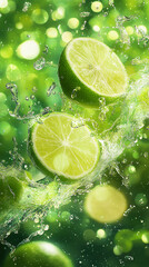 Sliced limes exploding in a splash of sparkling water