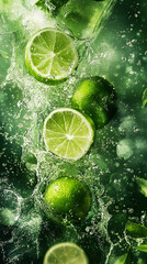 Sliced limes exploding in a splash of sparkling water