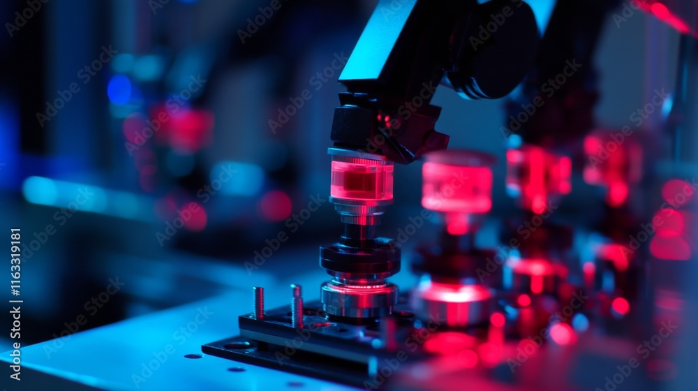 Poster advanced robotic arm working in a laboratory setting, showcasing high-tech equipment with vivid red 