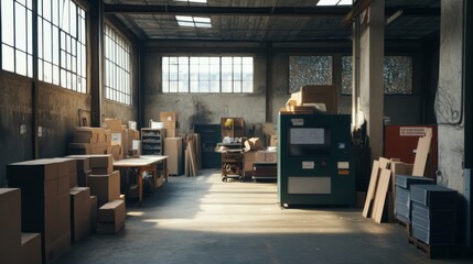 Bright and Spacious Industrial Warehouse Interior with Cardboard Boxes, Shelving, and Large Windows in a Modern Workspace Setting