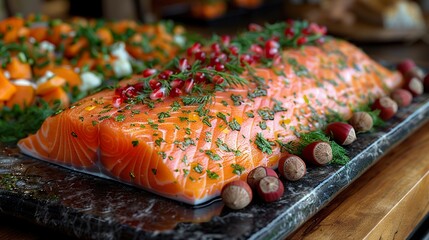 A colorful flat lay featuring fresh and healthy foods like salmon, nuts, fruits, and vegetables, 
