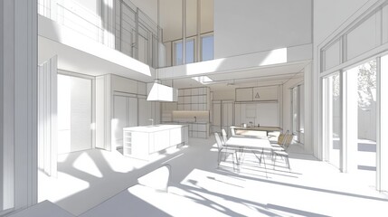 Bright and Spacious Modern Kitchen Interior Design Rendering with High Ceilings and Ample Natural Light Perfect for Contemporary Home Decor Inspiration