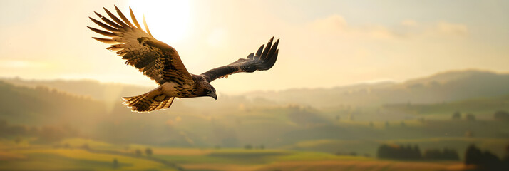 Majestic Bird in Mid-Flight Against Clear Sky Representing Freedom and Grace with Lush Landscape Below