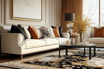 Elegant living room with a close-up of a comfortable sofa- area rug- and luxurious modern furniture.ai generative