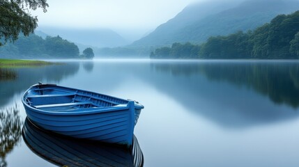 Obraz premium A serene blue boat rests on calm waters surrounded by misty mountains.
