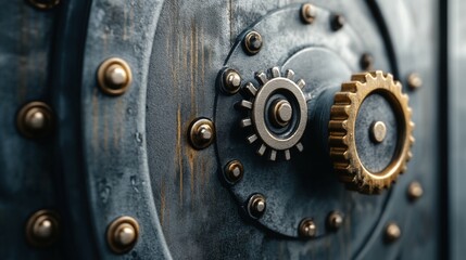 Close-Up of Vintage Safe Mechanism with Intricate Gear and Bolt Details, Showcasing an Aged Patina and Rich Textures on Metal Surface