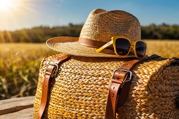 A wide-angle view captures vibrant, sunny day as golden rays of morning sun illuminate yellow colorful travel bag, straw hat, and sunglasses, creating a picturesque scene that exudes carefree spirit.