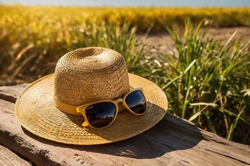 A wide-angle view captures vibrant, sunny day as golden rays of morning sun illuminate yellow colorful travel bag, straw hat, and sunglasses, creating a picturesque scene that exudes carefree spirit.