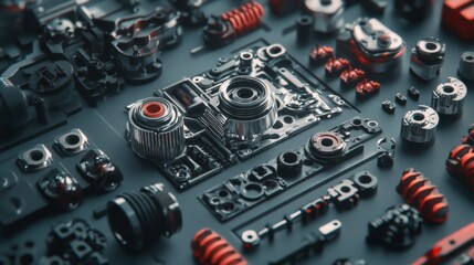 Close-Up View of Industrial Mechanical Parts and Components Arranged Neatly on a Dark Background with a Focus on Precision Engineering Design Elements