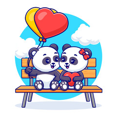 Cute panda couple holding balloons on bench park cartoon vector icon illustration animal nature icon