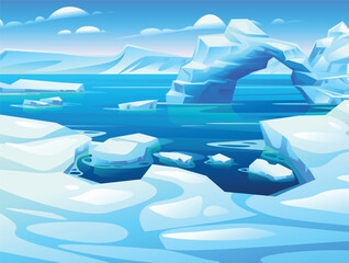 Scenic view of Arctic ocean with ice formations and arch shaped iceberg reflecting on water. Vector cartoon illustration © YG Studio