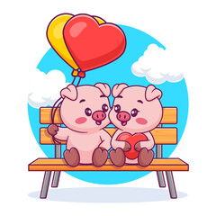 Cute pig couple holding balloons on bench park cartoon vector icon illustration animal nature icon