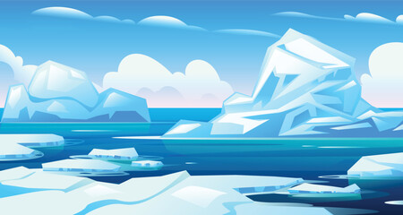 Arctic landscape with massive icebergs and calm blue waters under a sunny sky. Vector cartoon illustration © YG Studio