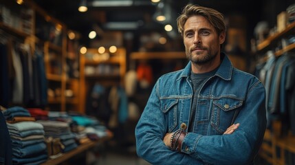 Fototapeta premium A man in a denim jacket stands confidently in a clothing store filled with apparel.