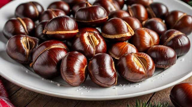 A close up of roasted chestnuts on a plate, evoking a warm, festive atmosphere filled with seasonal flavors