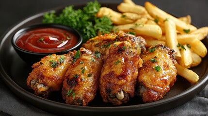 Fototapeta premium A plate of crispy chicken wings with fries and ketchup, garnished with parsley.