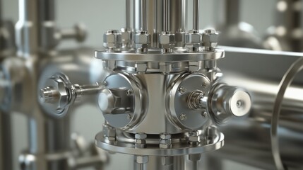 Detailed Close-Up of Industrial Stainless Steel Valve Assembly Featuring Nuts, Bolts, and Precision Engineering in a Modern Factory Setting