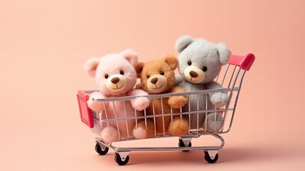 Cute Soft Plush Toy Bears in a Shopping Cart on a Pink Background, Perfect for Gifts and Decor, Ideal for Children and Collectors All Year Round