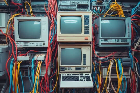 Vintage computers and tangled wires fill the frame. Illustrates complex legacy systems and the challenges of outdated technology.
